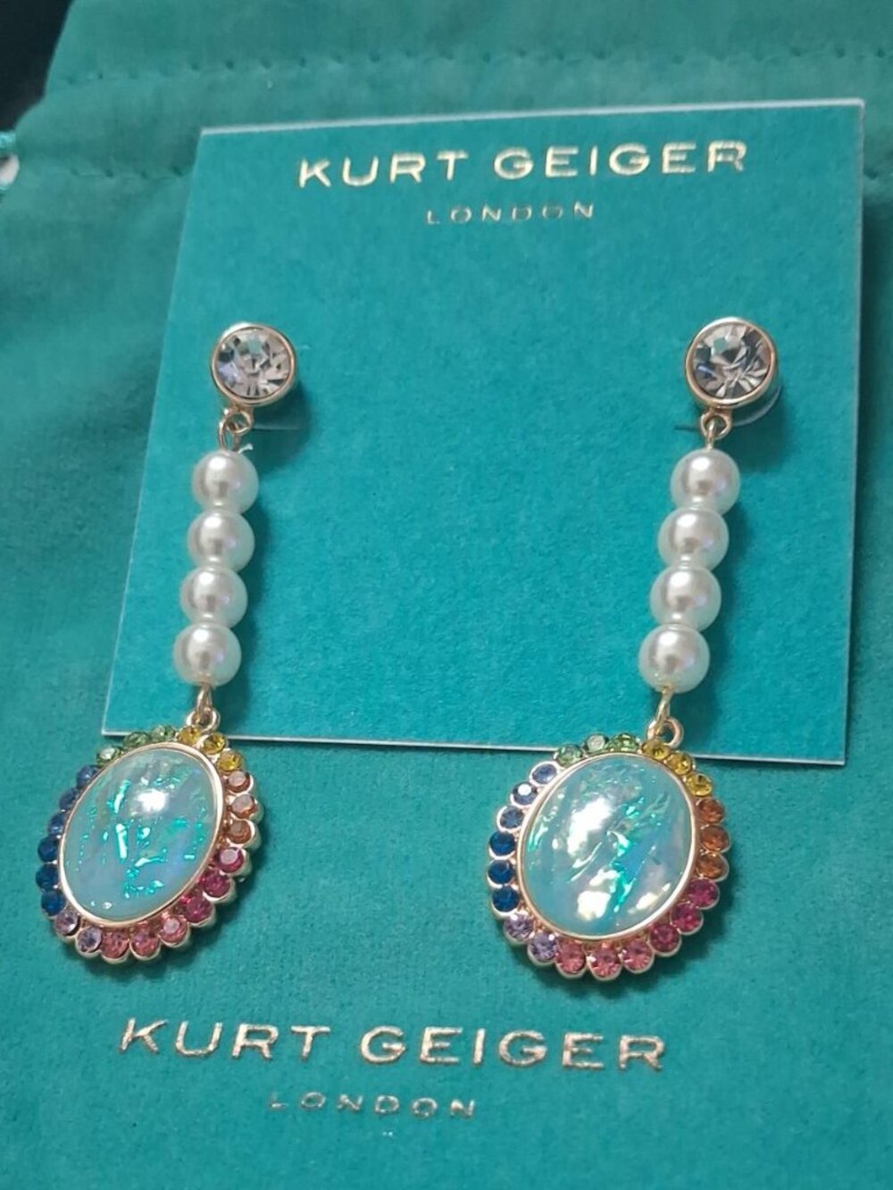 Kurt Geiger Pearl Opal Drop Crystal Gold Earrings